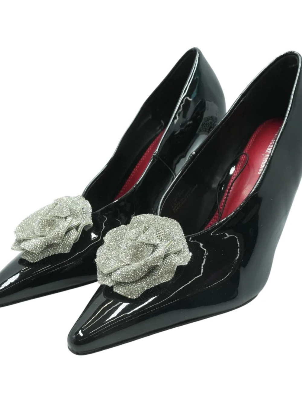 River Island Black Patent Pointed-Toe Heels with Silver Crystal Flower